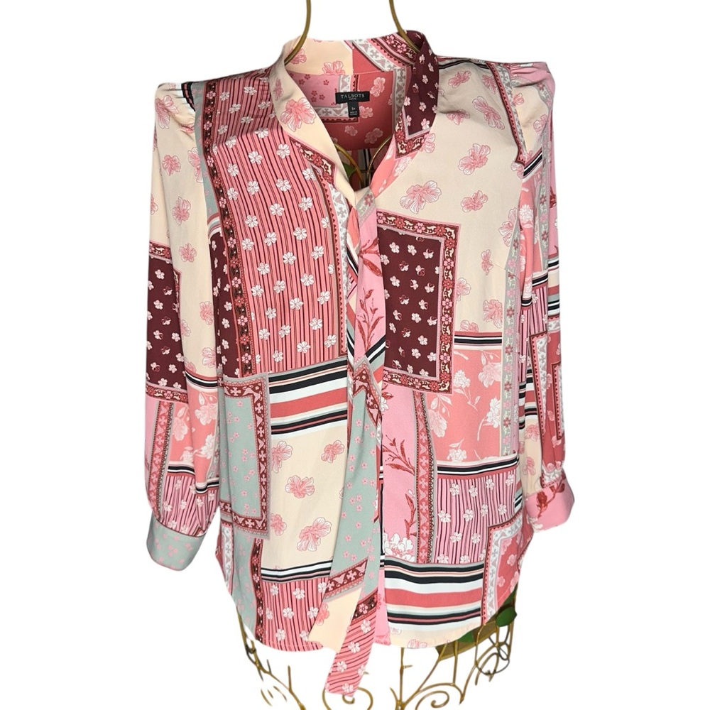 Talbots Tie Neck Top Rose Patchwork Pattern Long … - image 3